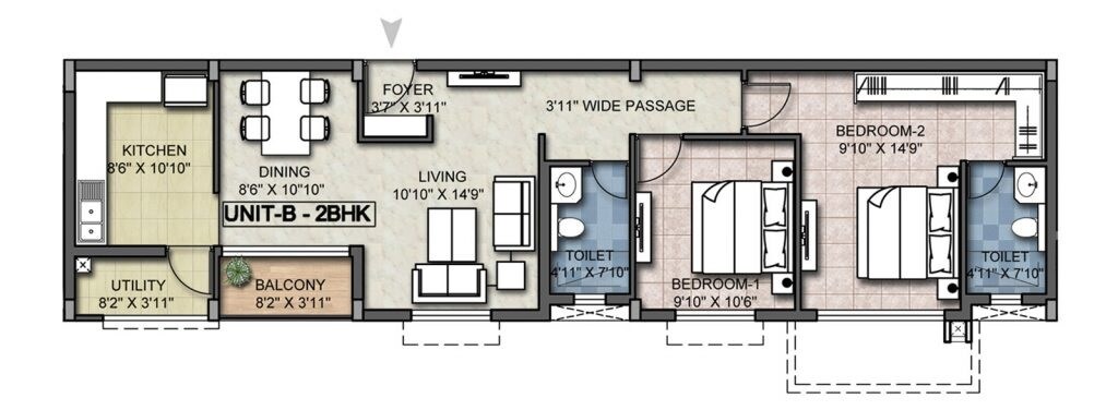 Floor plan of 2 BHK 1267 Sq. Ft. Apartment in LGCL United Tower, Bangalore