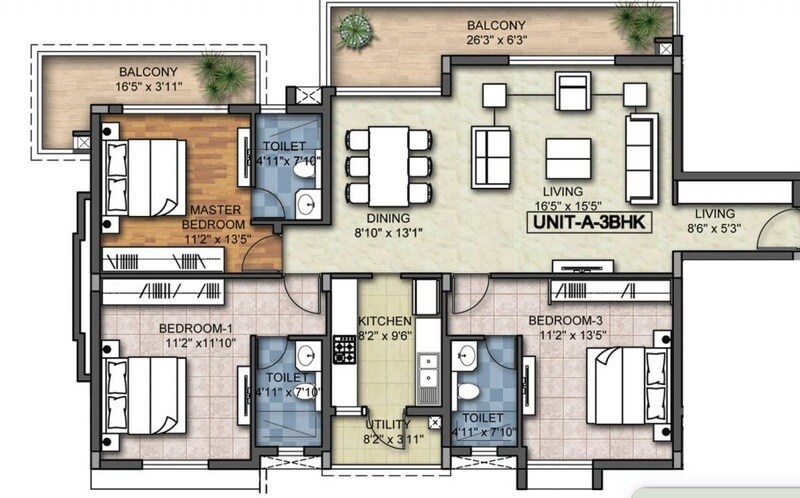 Floor plan of 3 BHK 1812 Sq. Ft. Apartment in LGCL United Tower, Bangalore