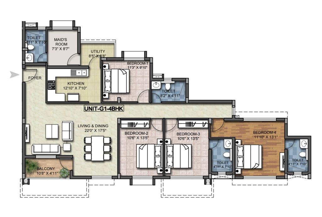 Floor plan of 4 BHK 2183 Sq. Ft. Apartment in LGCL United Tower, Bangalore
