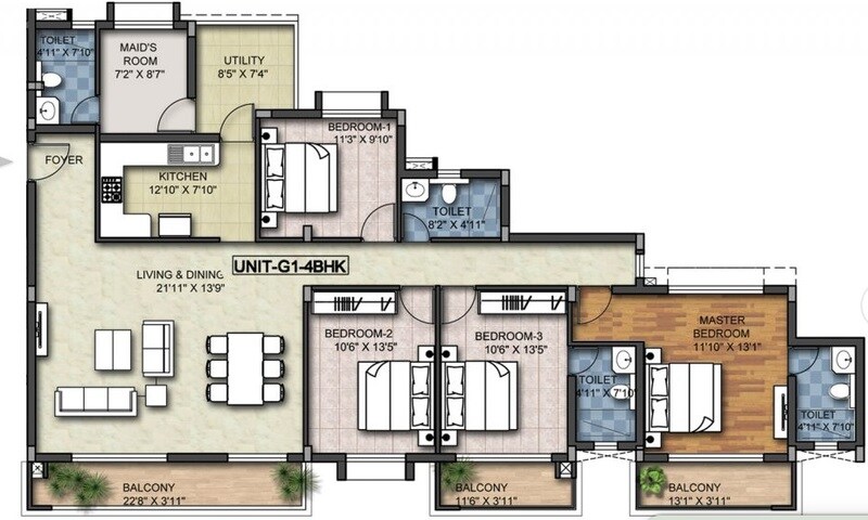 Floor plan of 4 BHK 2470 Sq. Ft. Apartment in LGCL United Tower, Bangalore