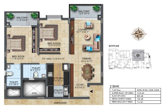 Floor plan of 2 BHK 1216 Sq. Ft. Apartment in LH Casa Flora, Bangalore