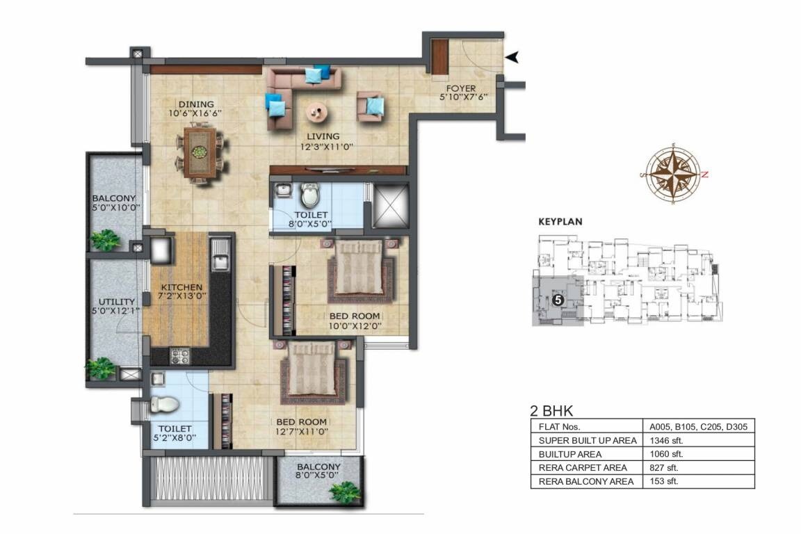 Floor plan of 2 BHK 1346 Sq. Ft. Apartment in LH Casa Flora, Bangalore