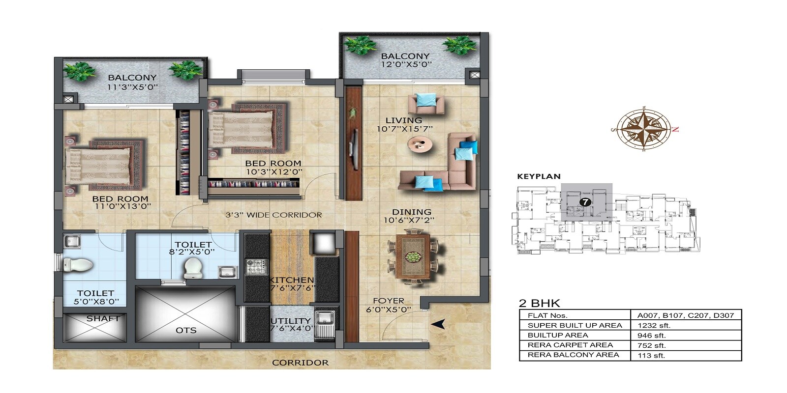 Floor plan of 2 BHK 1232 Sq. Ft. Apartment in LH Casa Flora, Bangalore