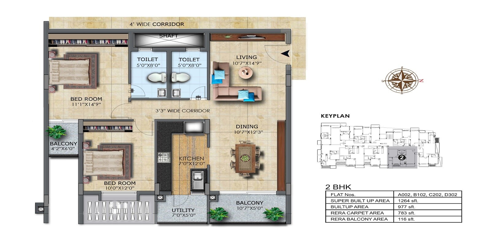 Floor plan of 2 BHK 1264 Sq. Ft. Apartment in LH Casa Flora, Bangalore