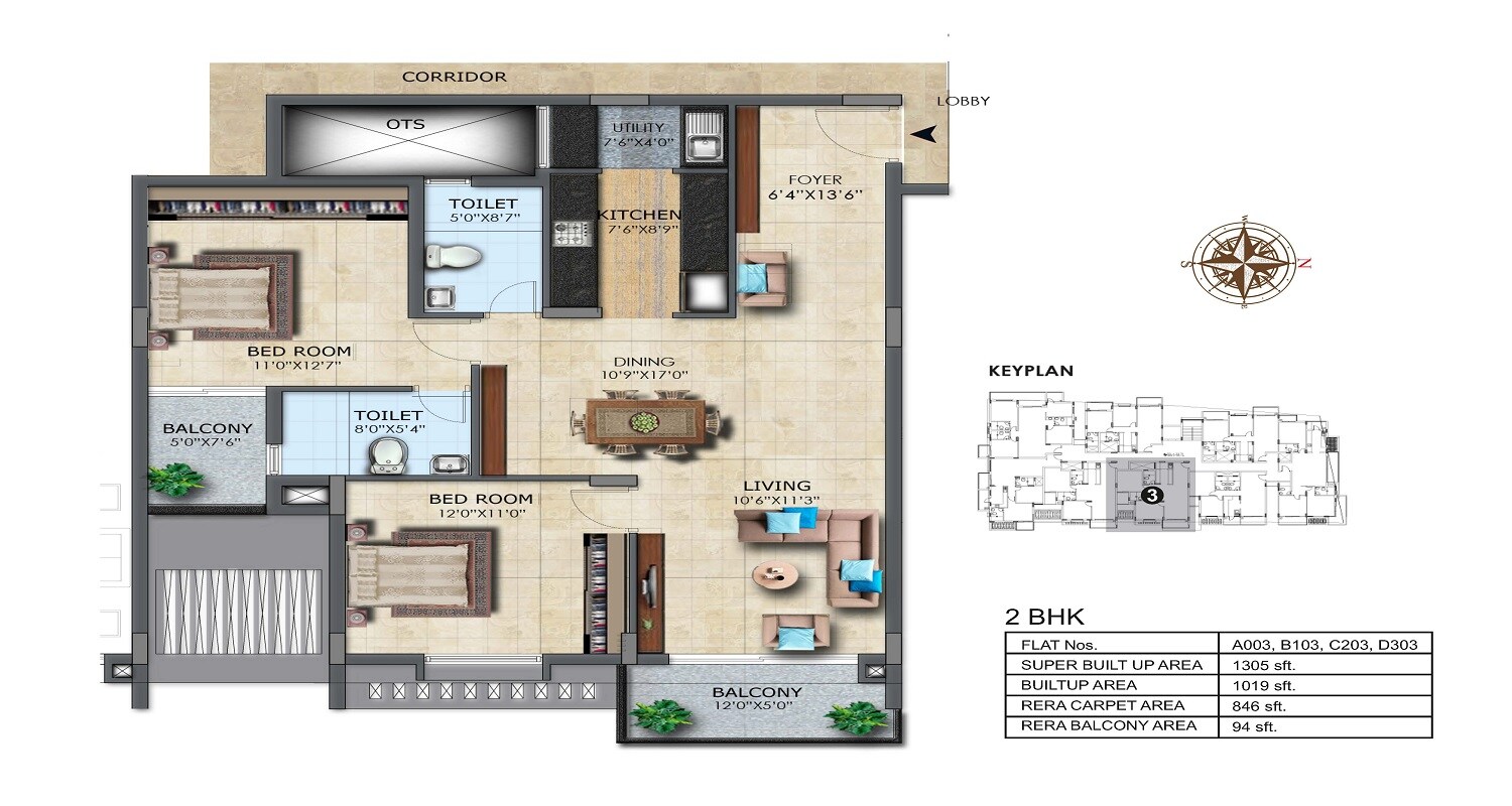 Floor plan of 2 BHK 1305 Sq. Ft. Apartment in LH Casa Flora, Bangalore