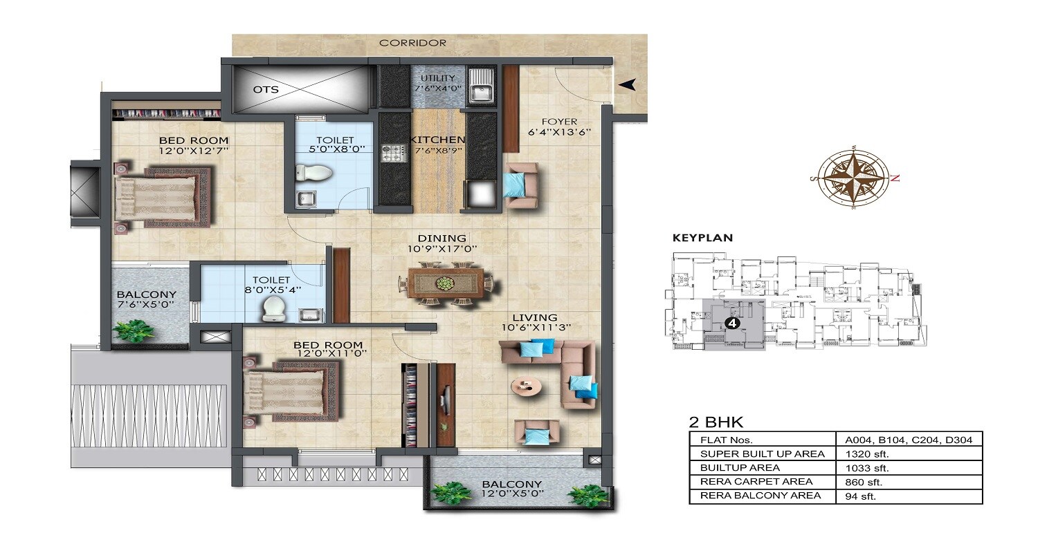 Floor plan of 2 BHK 1320 Sq. Ft. Apartment in LH Casa Flora, Bangalore