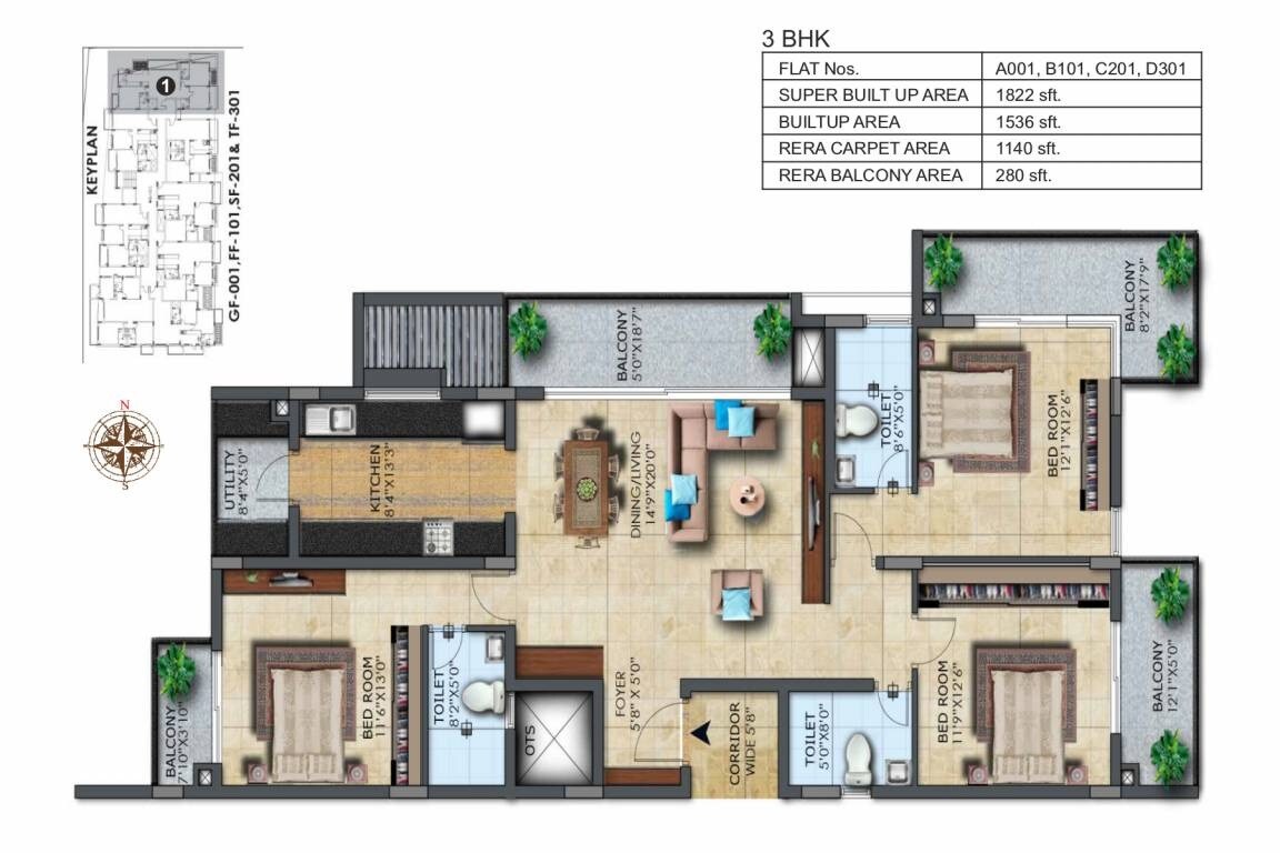 Floor plan of 3 BHK 1822 Sq. Ft. Apartment in LH Casa Flora, Bangalore