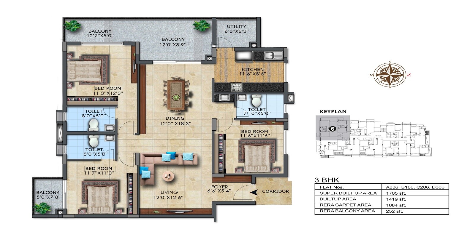 Floor plan of 3 BHK 1705 Sq. Ft. Apartment in LH Casa Flora, Bangalore