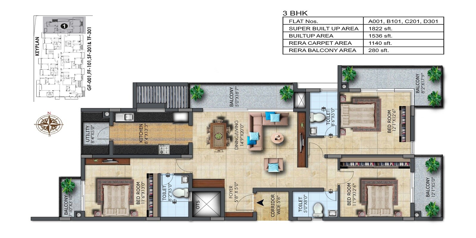 Floor plan of 3 BHK 1822 Sq. Ft. Apartment in LH Casa Flora, Bangalore
