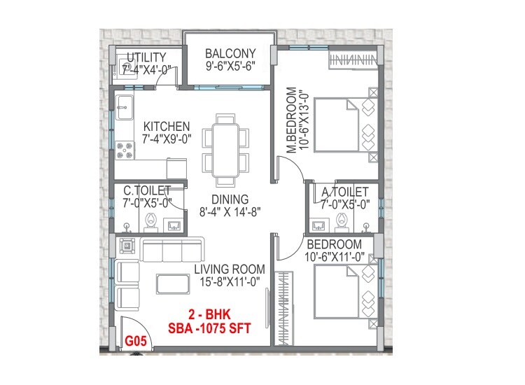 Floor plan of 2 BHK 1075 Sq. Ft. Apartment in LNS Prominent East Winds, Bangalore