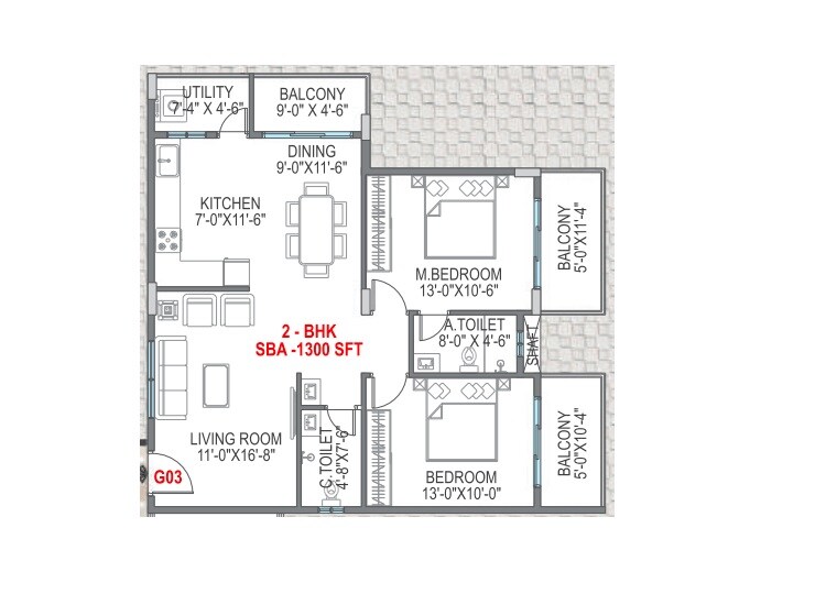 Floor plan of 2 BHK 1300 Sq. Ft. Apartment in LNS Prominent East Winds, Bangalore