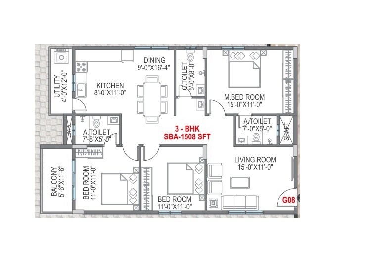 Floor plan of 3 BHK 1508 Sq. Ft. Apartment in LNS Prominent East Winds, Bangalore