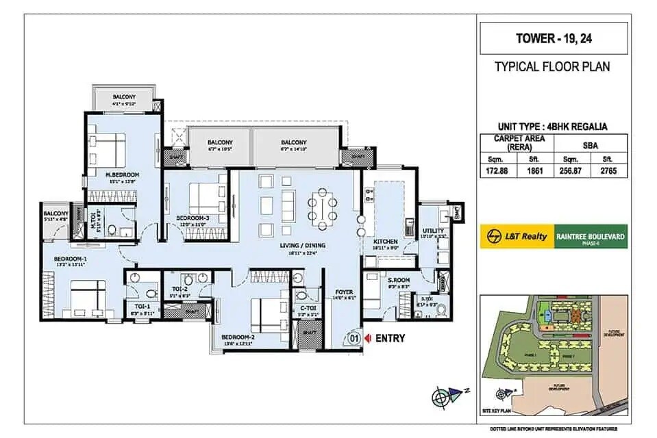 Floor plan of 4 BHK 1861 Sq. Ft. Apartment in LnT Raintree Boulevard, Bangalore