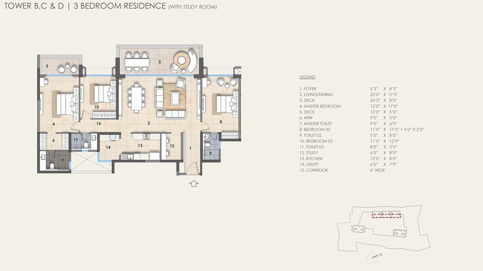 Floor plan of 3 BHK 2460 Sq. Ft. Apartment in Lodha Beaumont Estate, Bangalore