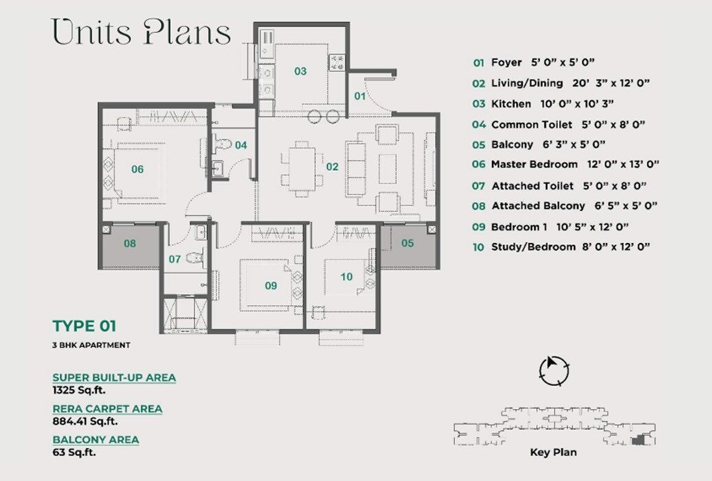 Floor plan of 2 BHK 1325 Sq. Ft. Apartment in Lorven Cascade Garden, Bangalore
