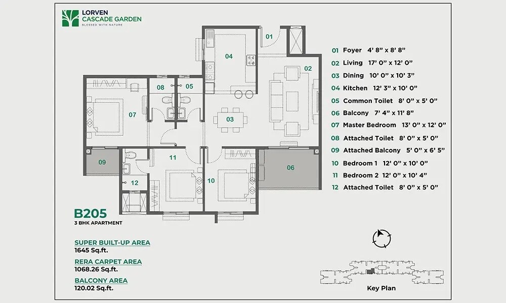 Floor plan of 3 BHK 1645 Sq. Ft. Apartment in Lorven Cascade Garden, Bangalore