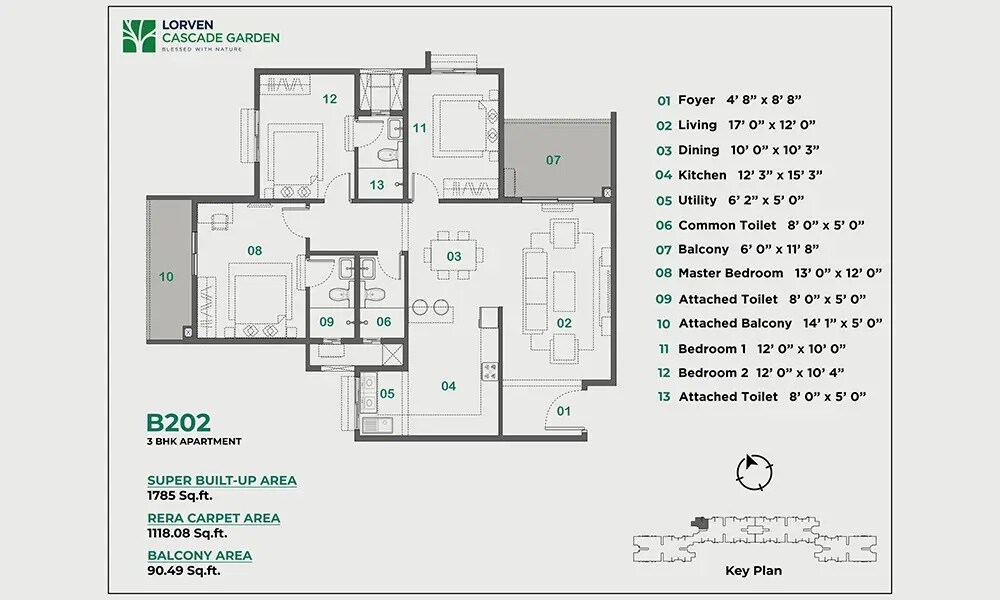 Floor plan of 3 BHK 1785 Sq. Ft. Apartment in Lorven Cascade Garden, Bangalore