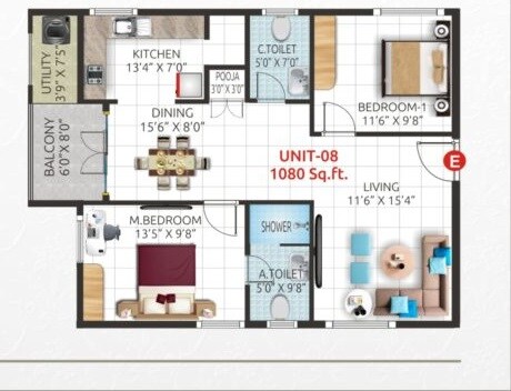 Floor plan of 2 BHK 1080 Sq. Ft. Apartment in Lorven Urban Crest, Bangalore