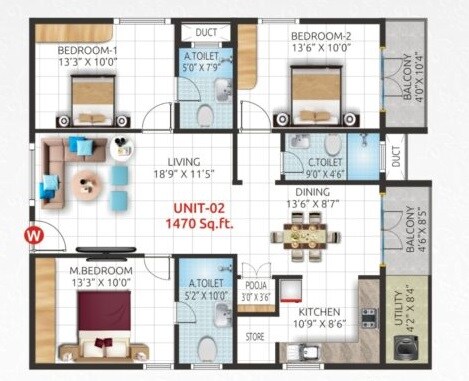 Floor plan of 3 BHK 1470 Sq. Ft. Apartment in Lorven Urban Crest, Bangalore
