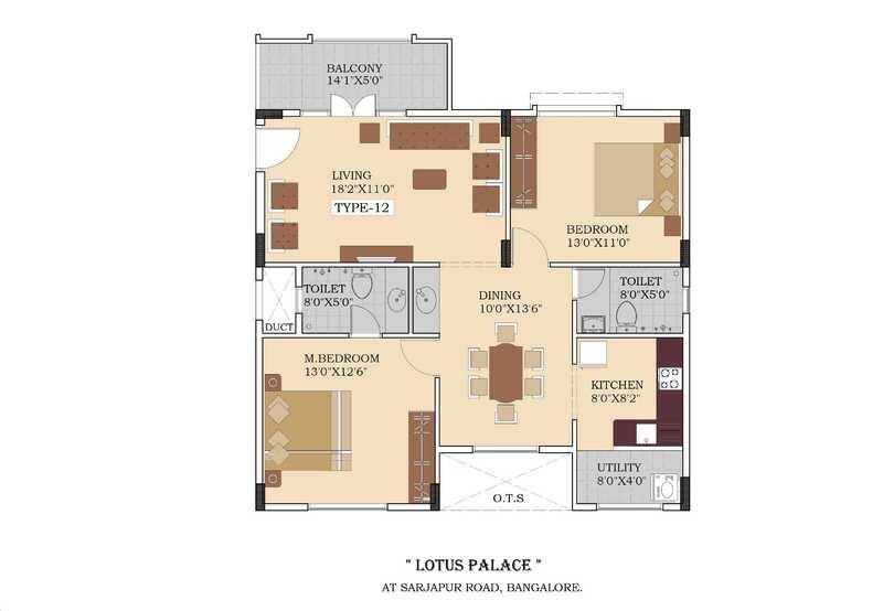 Floor plan of 1 BHK 1060 Sq. Ft. Apartment in Lotus Palace, Bangalore
