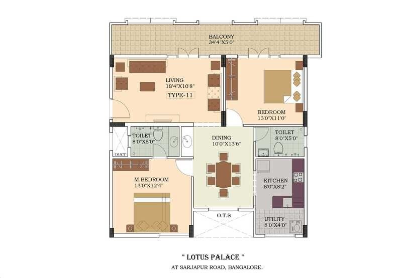 Floor plan of 2 BHK 1175 Sq. Ft. Apartment in Lotus Palace, Bangalore