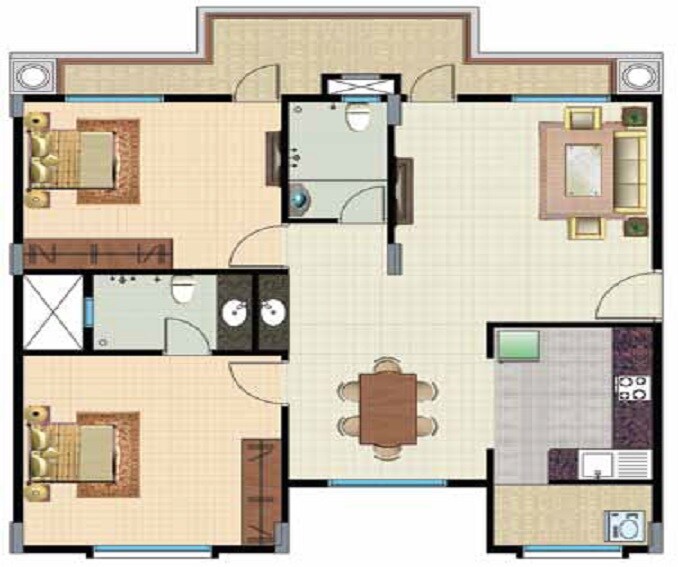 Floor plan of 2 BHK 1240 Sq. Ft. Apartment in Lotus Palace, Bangalore