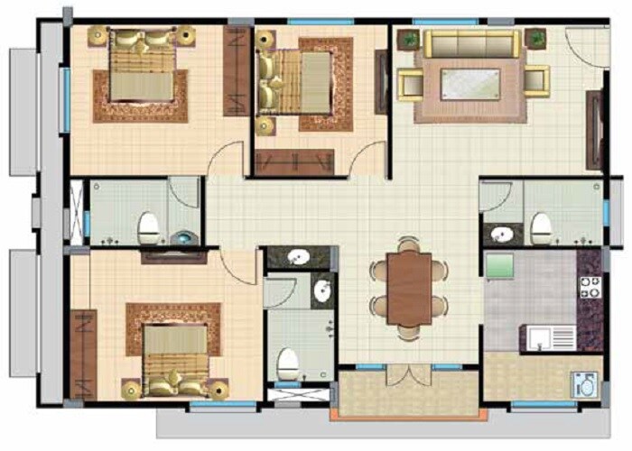 Floor plan of 3 BHK 1455 Sq. Ft. Apartment in Lotus Palace, Bangalore