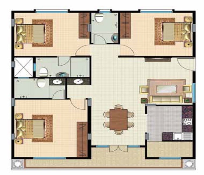 Floor plan of 3 BHK 1610 Sq. Ft. Apartment in Lotus Palace, Bangalore