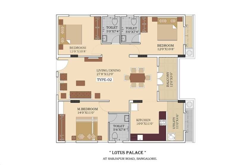 Floor plan of 3 BHK 1635 Sq. Ft. Apartment in Lotus Palace, Bangalore