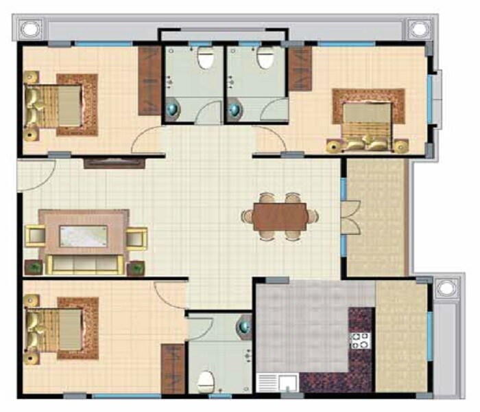 Floor plan of 3 BHK 1655 Sq. Ft. Apartment in Lotus Palace, Bangalore