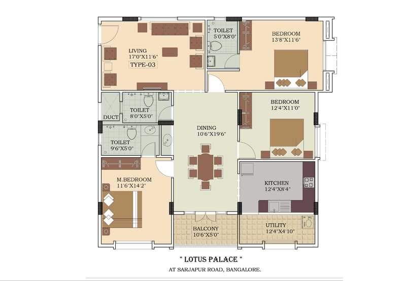 Floor plan of 3 BHK 1680 Sq. Ft. Apartment in Lotus Palace, Bangalore