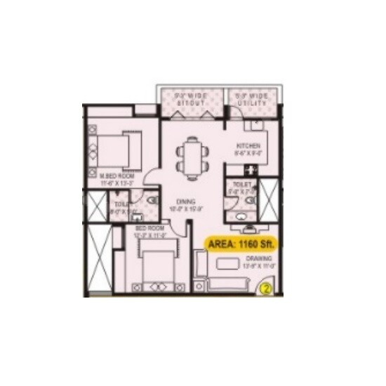 Floor plan of 2 BHK 1160 Sq. Ft. Apartment in Lotus Petals, Bangalore