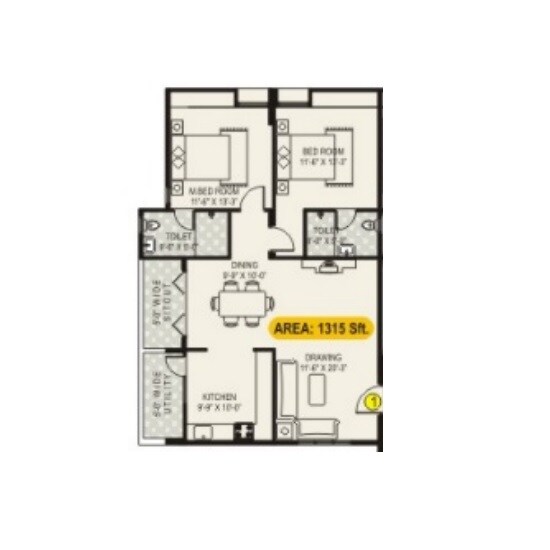 Floor plan of 2 BHK 1315 Sq. Ft. Apartment in Lotus Petals, Bangalore