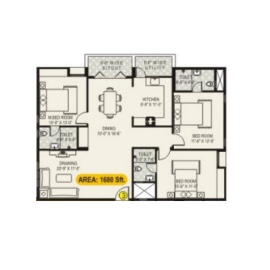 Floor plan of 3 BHK 1680 Sq. Ft. Apartment in Lotus Petals, Bangalore
