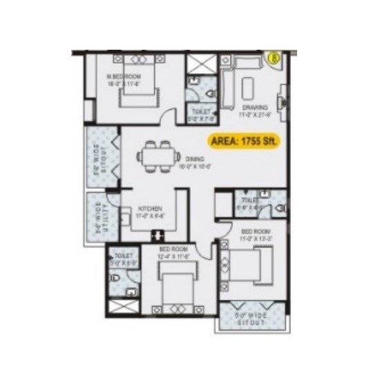 Floor plan of 3 BHK 1755 Sq. Ft. Apartment in Lotus Petals, Bangalore