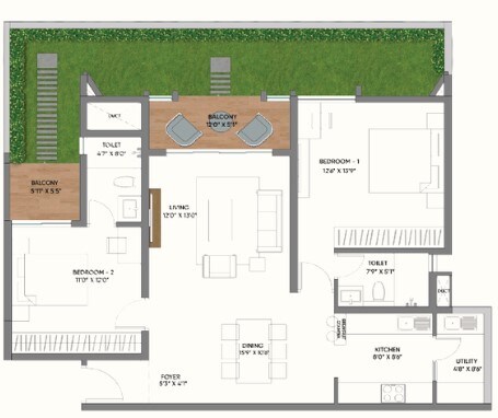 Floor plan of 2 BHK 1455 Sq. Ft. Apartment in LS Sakura, Bangalore