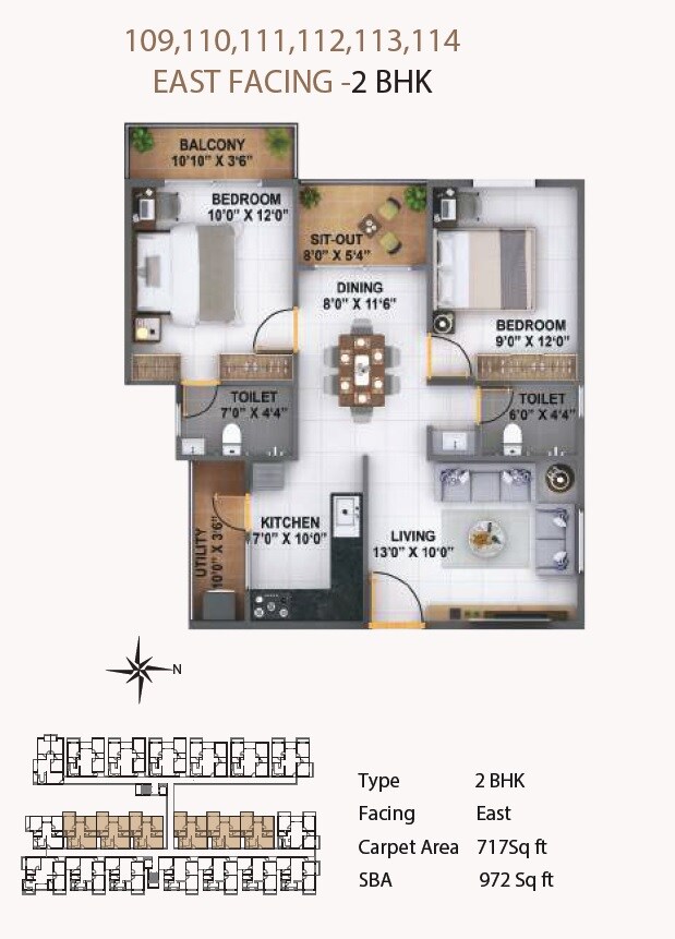 Floor plan of 2 BHK 972 Sq. Ft. Apartment in Luxury Mark Opera, Bangalore
