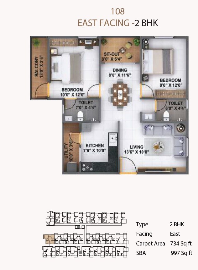 Floor plan of 2 BHK 997 Sq. Ft. Apartment in Luxury Mark Opera, Bangalore