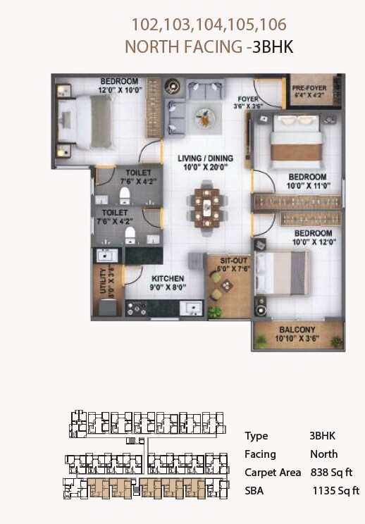 Floor plan of 3 BHK 1135 Sq. Ft. Apartment in Luxury Mark Opera, Bangalore