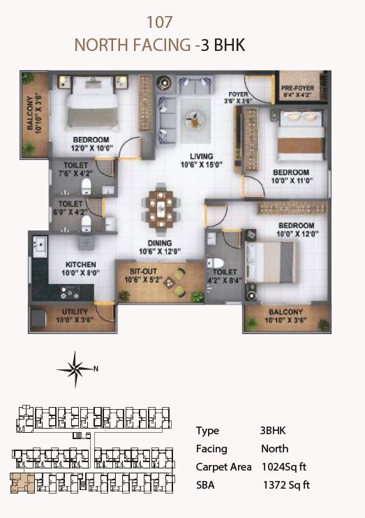 Floor plan of 3 BHK 1372 Sq. Ft. Apartment in Luxury Mark Opera, Bangalore