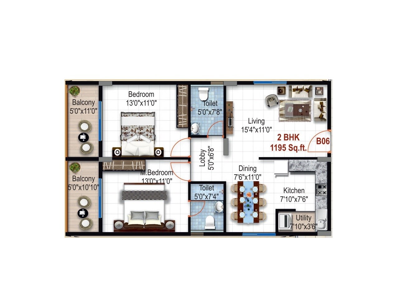 Floor plan of 2 BHK 1195 Sq. Ft. Apartment in LVS Classic, Bangalore