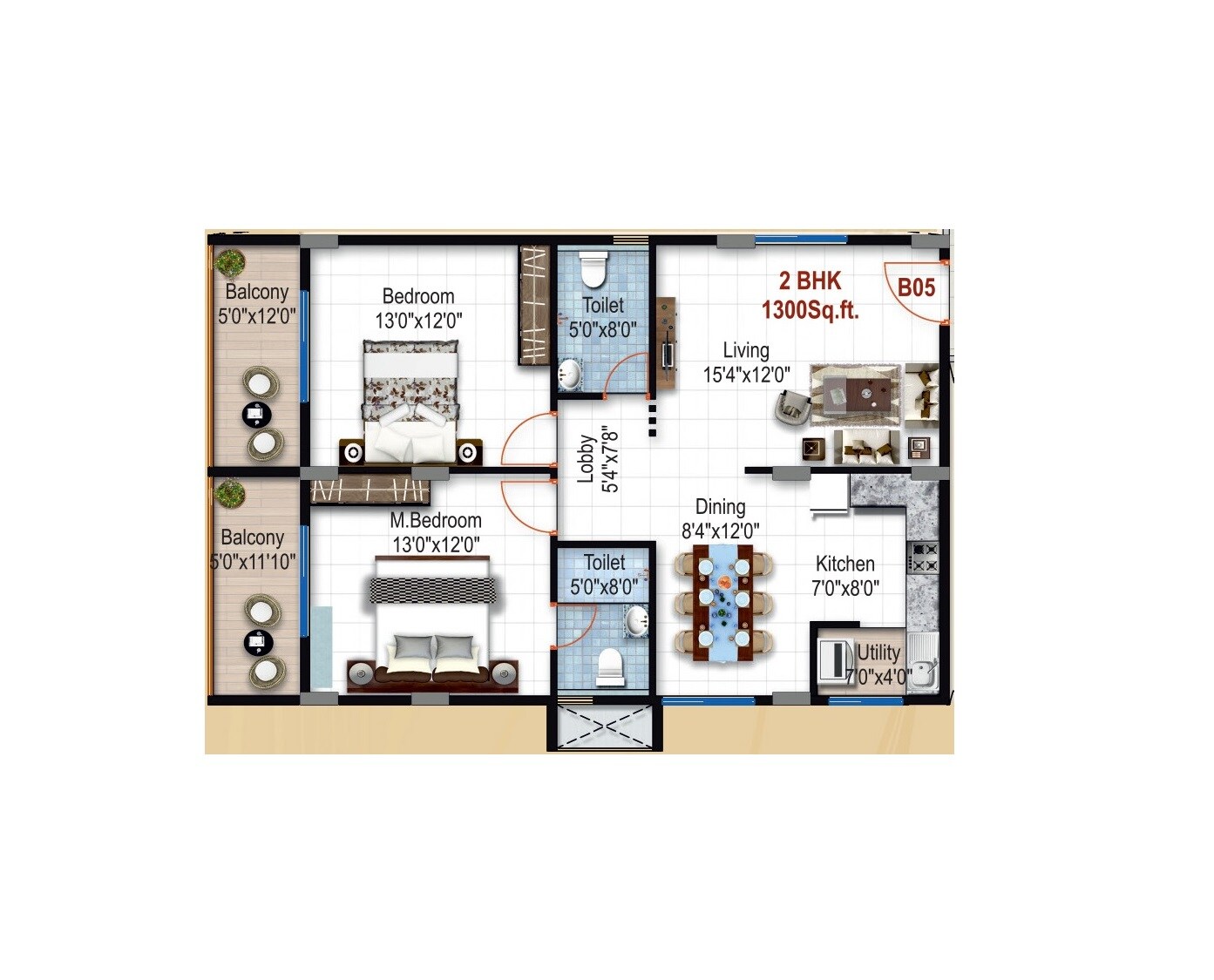 Floor plan of 2 BHK 1300 Sq. Ft. Apartment in LVS Classic, Bangalore