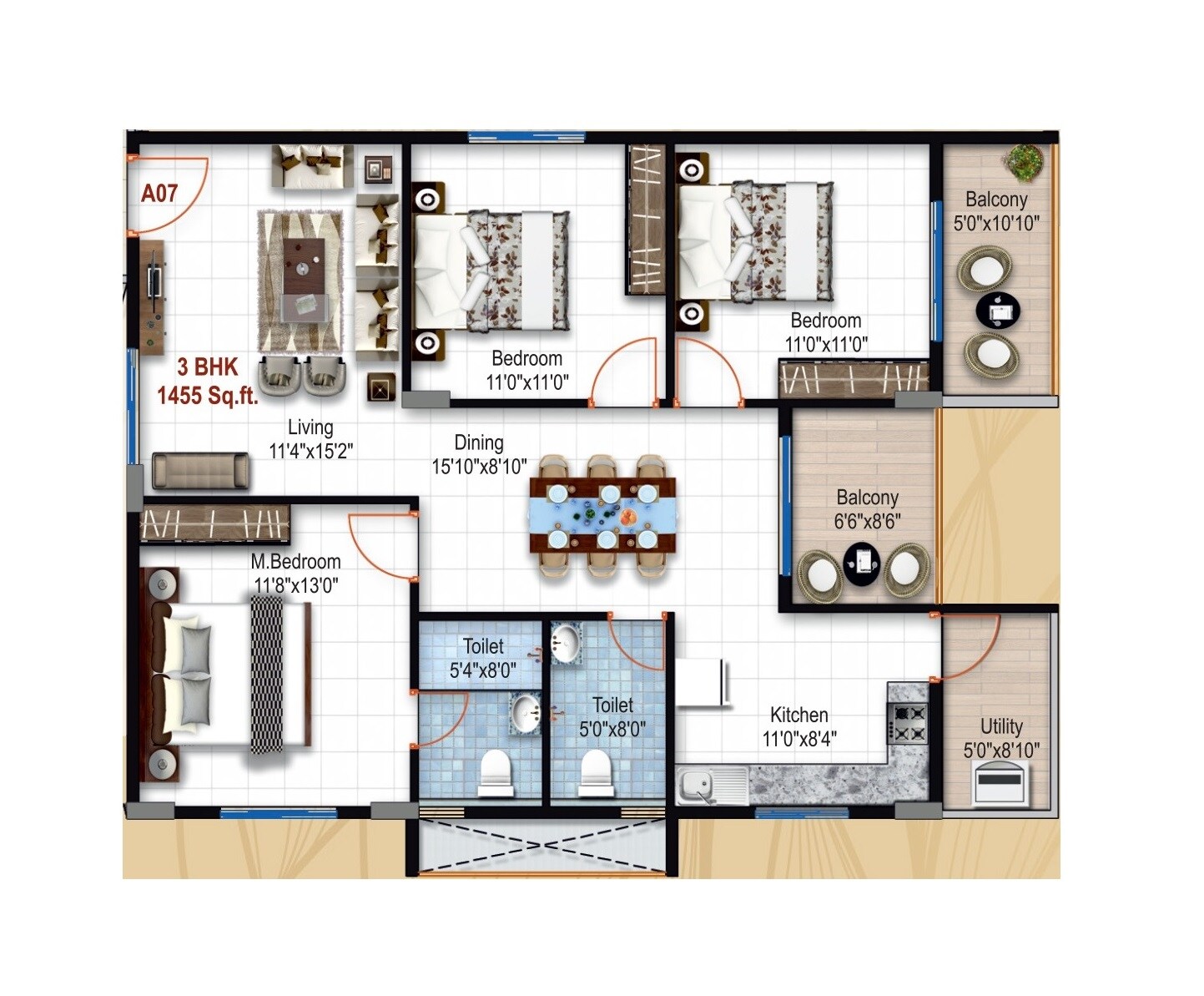 Floor plan of 3 BHK 1455 Sq. Ft. Apartment in LVS Classic, Bangalore