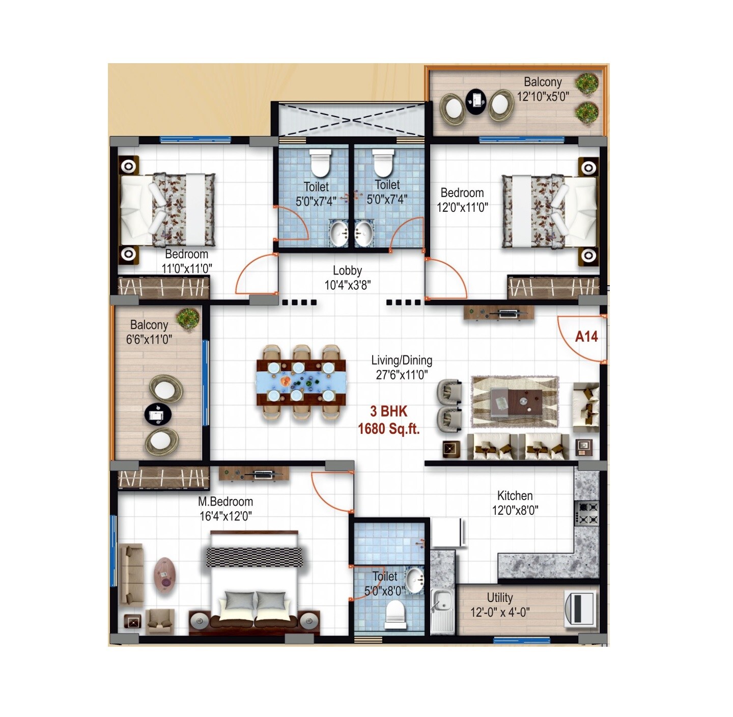 Floor plan of 3 BHK 1680 Sq. Ft. Apartment in LVS Classic, Bangalore