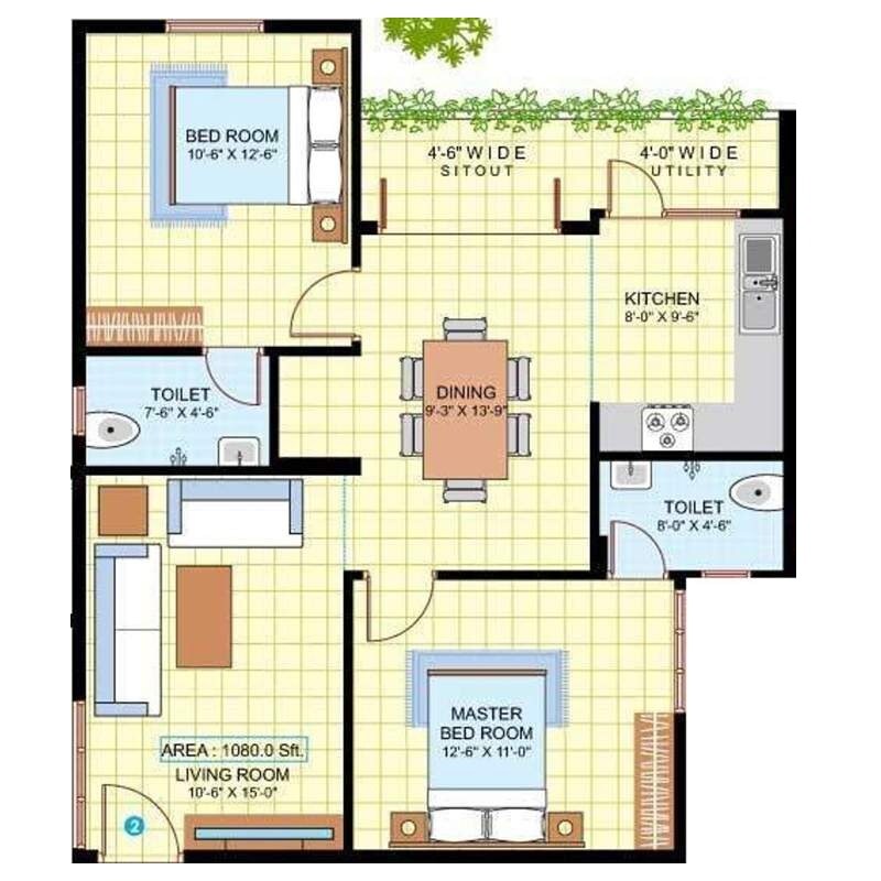 Floor plan of 2 BHK 1080 Sq. Ft. Apartment in LVS Elite, Bangalore