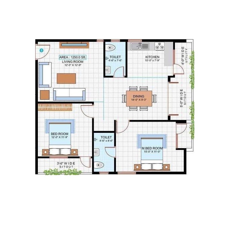 Floor plan of 2 BHK 1250 Sq. Ft. Apartment in LVS Elite, Bangalore