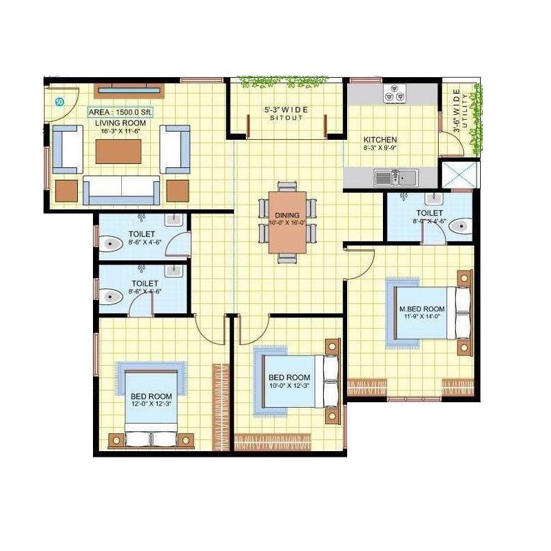 Floor plan of 3 BHK 1500 Sq. Ft. Apartment in LVS Elite, Bangalore