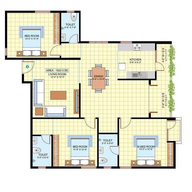 Floor plan of 3 BHK 1820 Sq. Ft. Apartment in LVS Elite, Bangalore