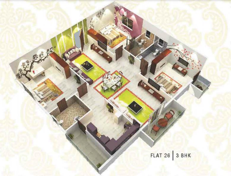 Floor plan of 3 BHK 1860 Sq. Ft. Apartment in LVS Gardenia Phase 1, Bangalore