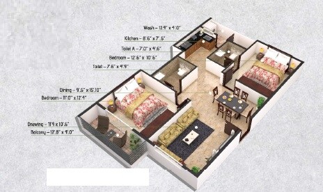 Floor plan of 2 BHK 1025 Sq. Ft. Apartment in LVS Gardenia Phase 2, Bangalore